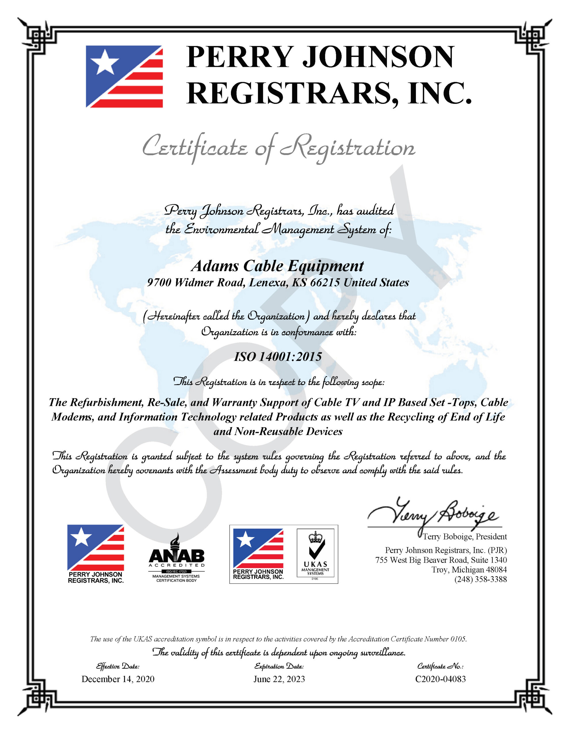 Adams Cable Equipment 14001 Certificate