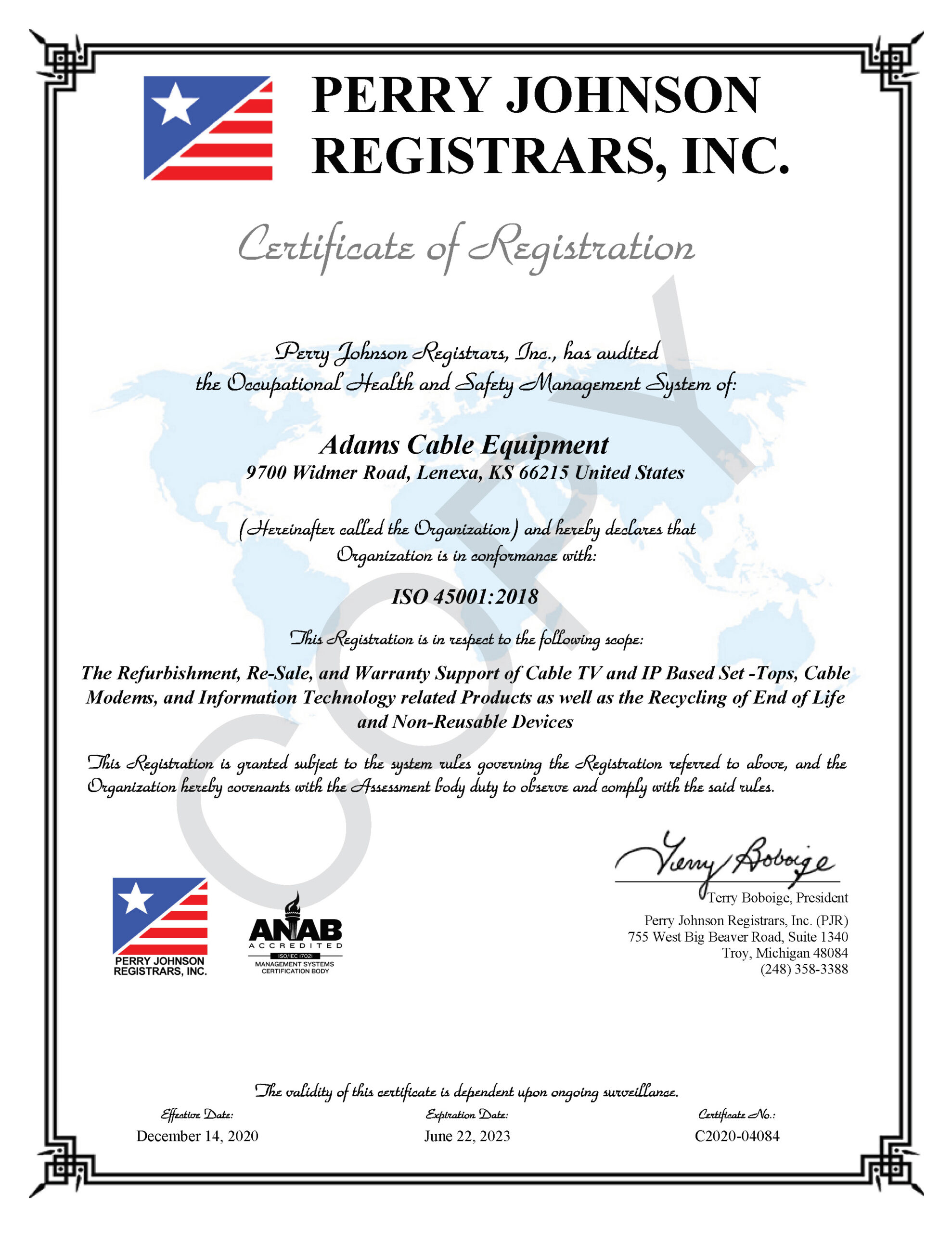 Adams Cable Equipment 45001 Certificate