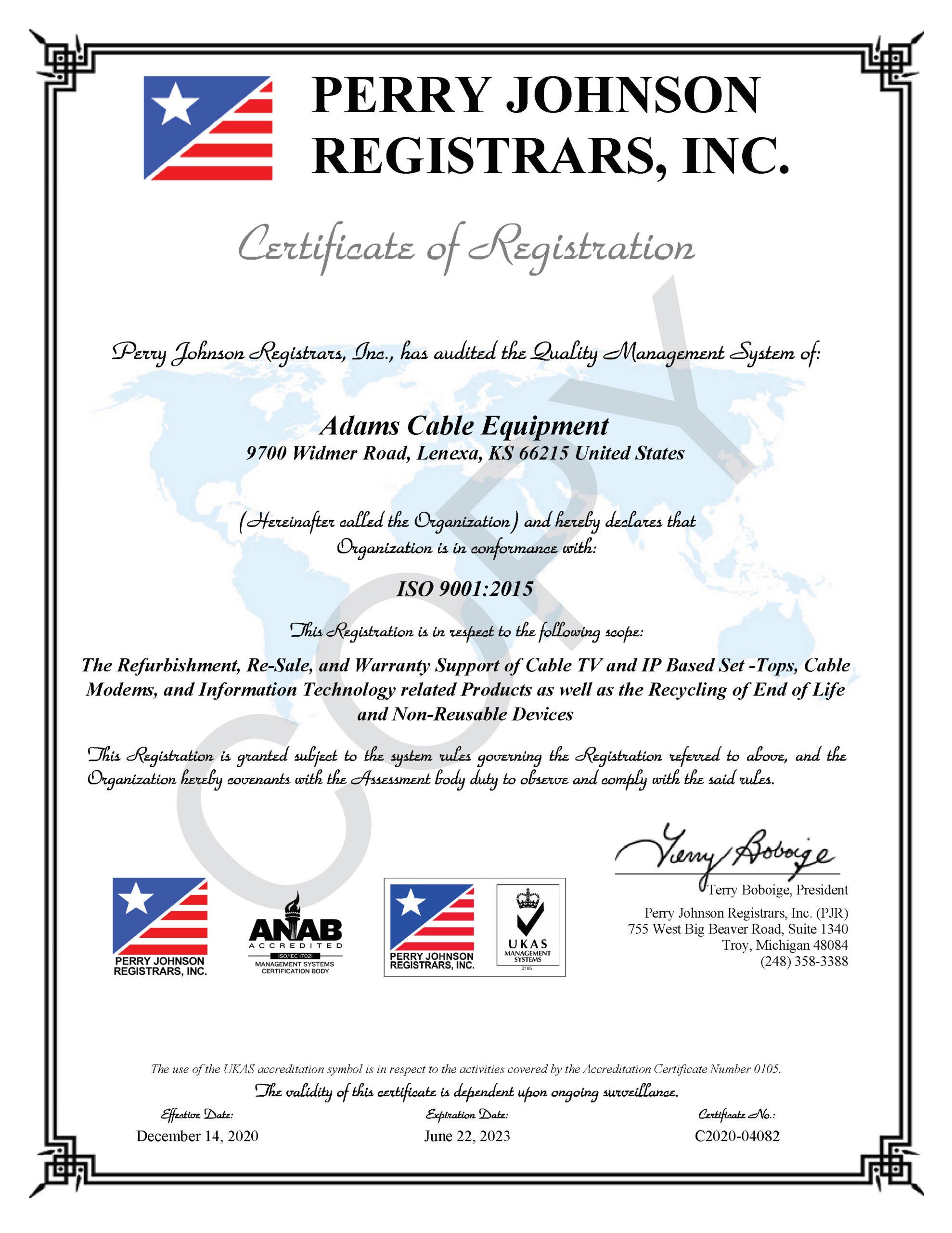 Adams Cable Equipment 9001 Certificate