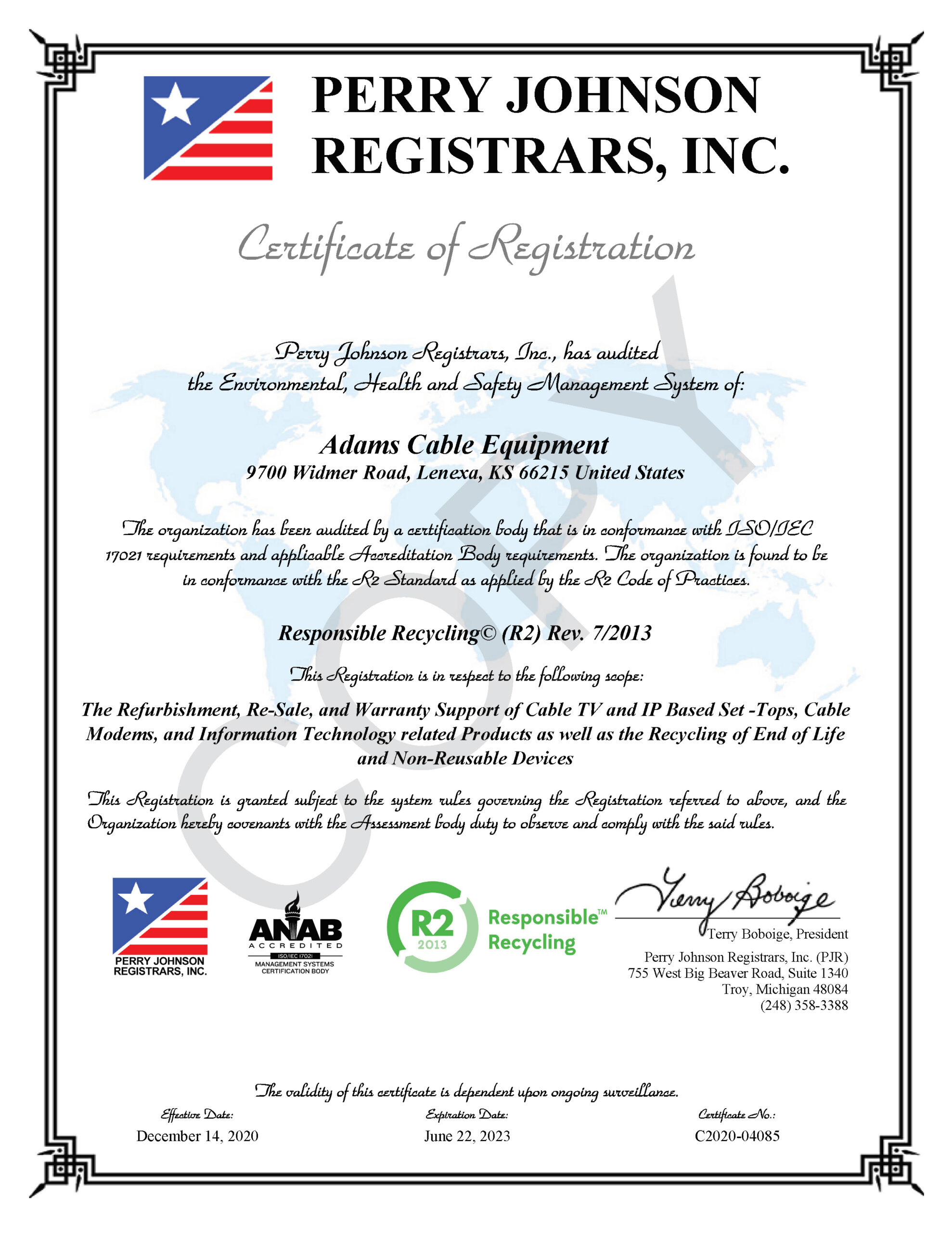Adams Cable Equipment R2 Certificate